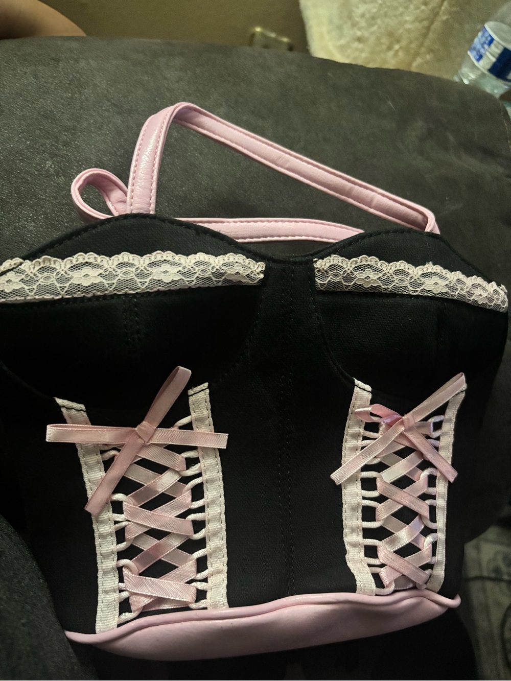 Black and Pink Lace-Up Bustier Top - Women's Fashion